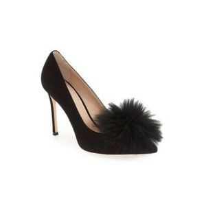 Black suede pointy heels with fur pom pom